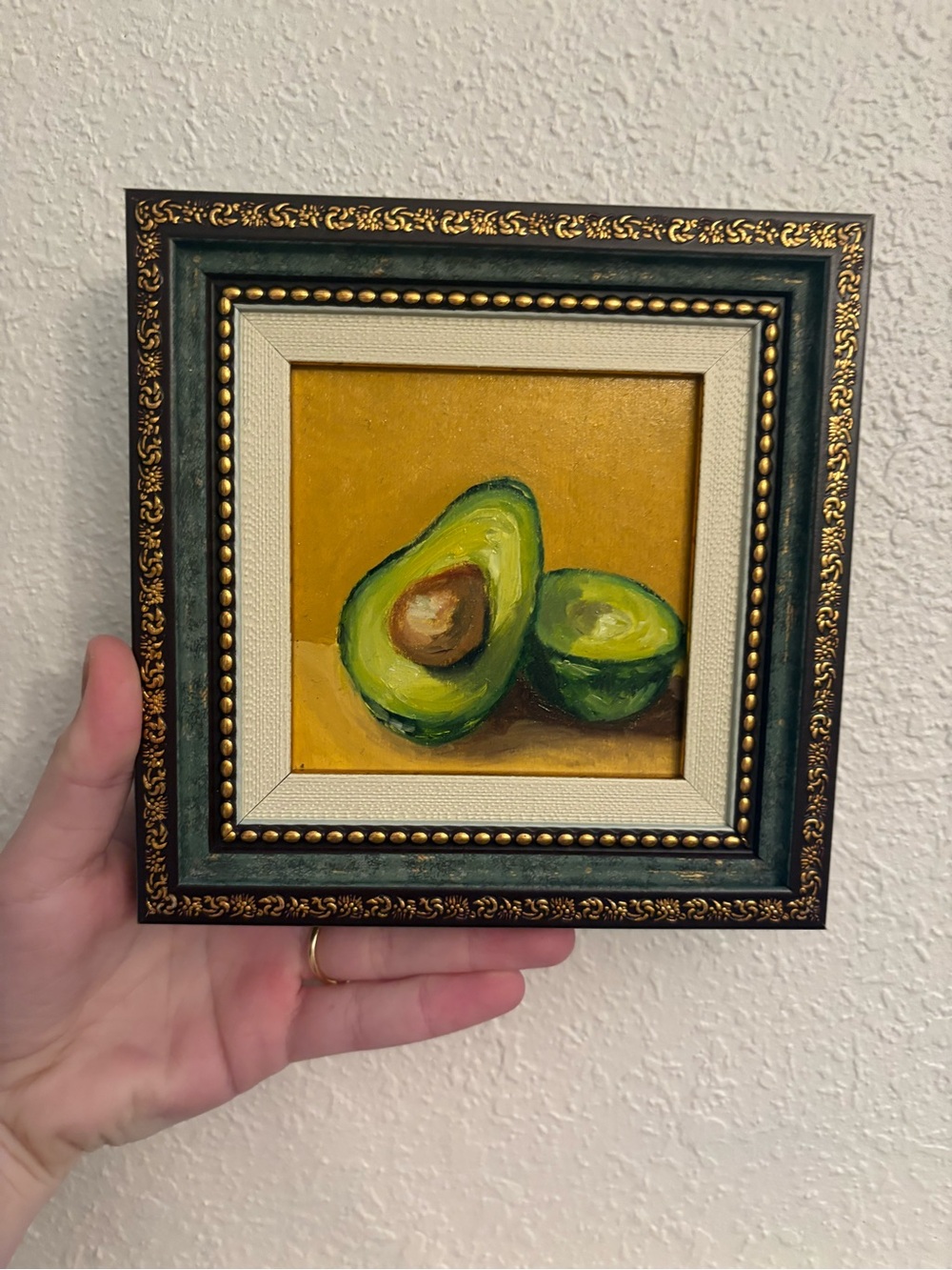 "Avocado mornings" Original oil painting on wood board mini framed 4x4"